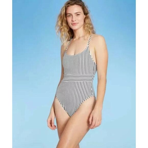 Shade & Shore Women Criss-Crossed Back Striped One Piece Swimsuit Size XL Multi - Picture 1 of 8